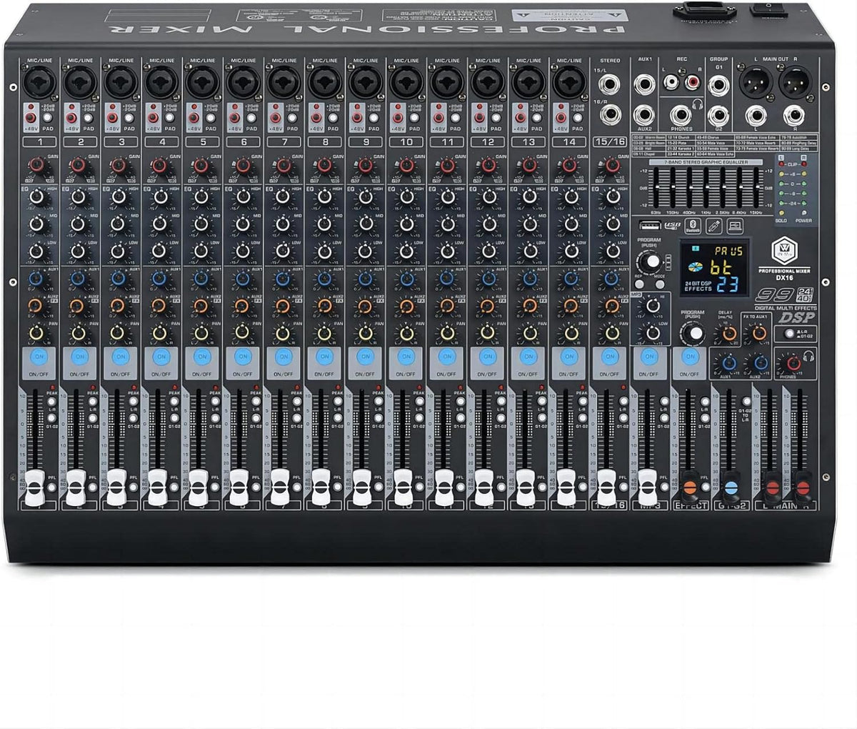 W IN-MIX DX16 Professional DJ Audio Mixer 16 Channel with 99 DSP Effects,7-band EQ,Independent 48V Phantom Power&Mute Button,Bluetooth Function,USB Interface Recording For Studio & Stage