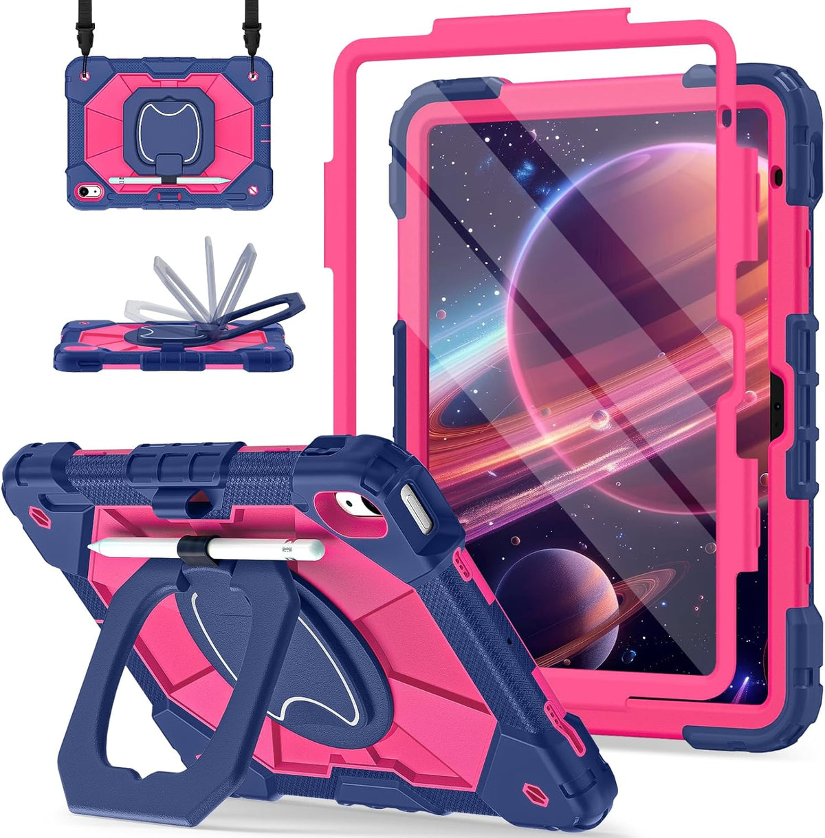 Case for iPad (A16) 11th Generation 11 Inch (2025) / iPad 10th Generation Case 10.9 Inch (2022) with 360° Rotating Stand Screen Protector Pen Holder Shoulder Strap, Navy Pink
