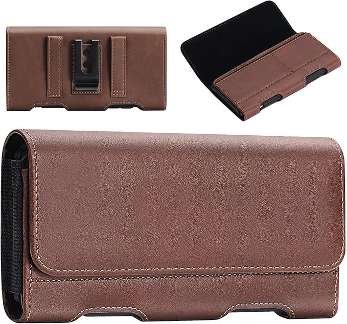 BECPLT for iPhone 17 Pro Max 16/15/14/13/12/11 Plus Holster Case Belt Clip Case Leather Holster Pouch with Card Holder for Galaxy S25+ S24/S23/S22/S21 Plus Brown