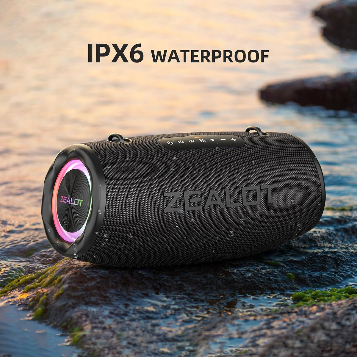 ZEALOT 80W Portable Bluetooth Speaker, Stereo Sound with Deep Bass,IPX6 Waterproof, LED Light,Bluetooth 5.2, Indoor/Outdoor Speaker for Party, Gathering, Pool, Camping,Travel (Black)