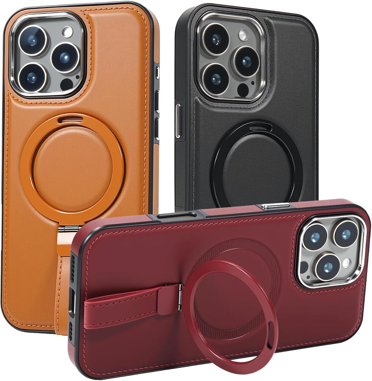Leather Case, Suitable for iPhone 15 Pro Max Case, Invisible Magnetic Design, Equipped with a Lanyard and Foldable Stand, Black, Yellow and red (Red, iPhone 15 Pro Max)
