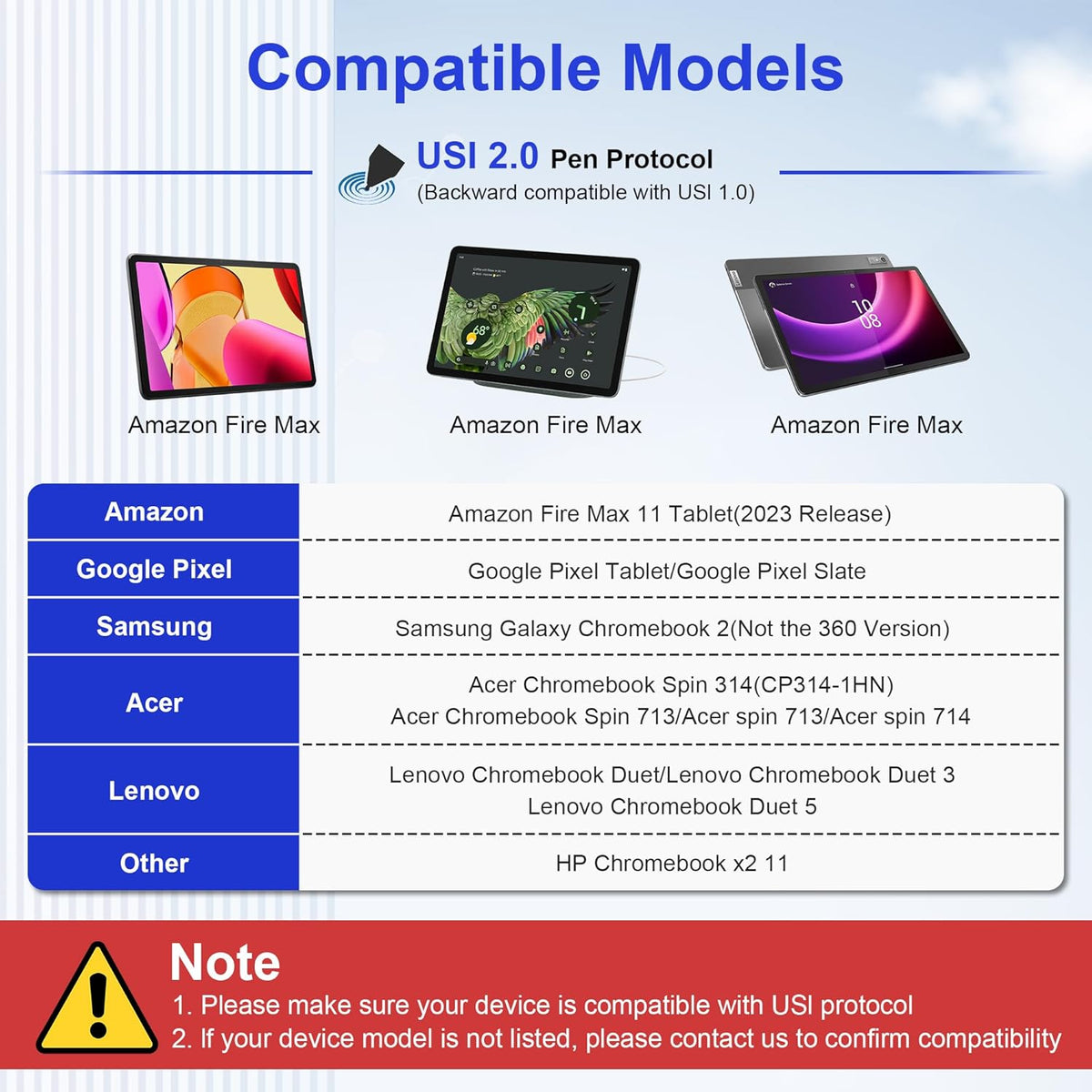 USI 2.0 Stylus Pen for Chromebook & Google Pixel Tablet - Amazon Fire Max 11 Tablet, Lenovo Chrome Book Duet, Acer Chromebook Spin 314, HP, Google Pixel Tablet Stylus, 4096 Pressure USI Stylus Pen