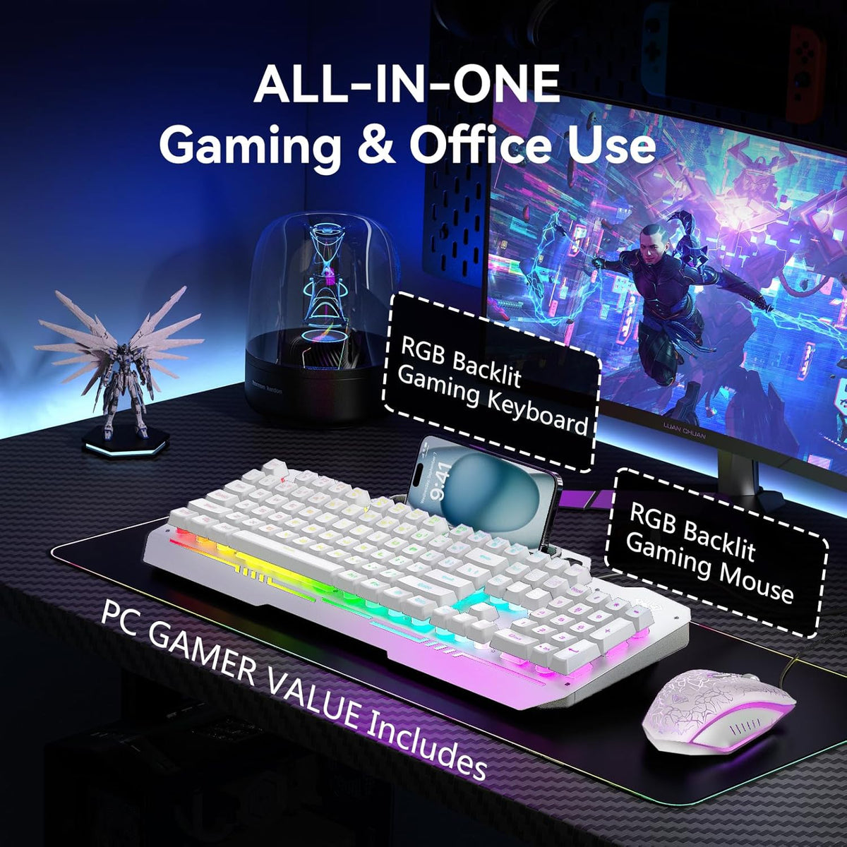 AULA Gaming Keyboard, T102 104 Keys Keyboard and Mouse Combo, USB Wired Computer Keyboards Mechanical Feel Full Size, RGB Backlit for PC/Laptop Gaming or Working/Office (White)