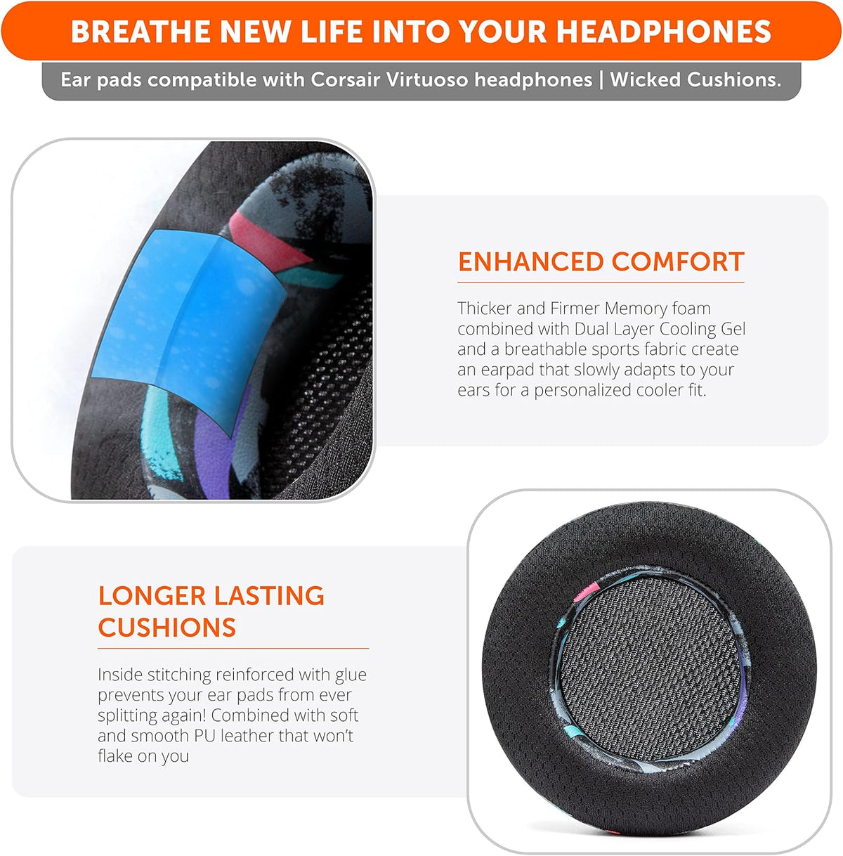 WC Freeze Virtuoso PadZ and Silicone BandZ Bundle Pack for Corsair Virtuoso Headphones | Cooling Gel Replacement Earpads and Silicone Headband Cover | 90's Black
