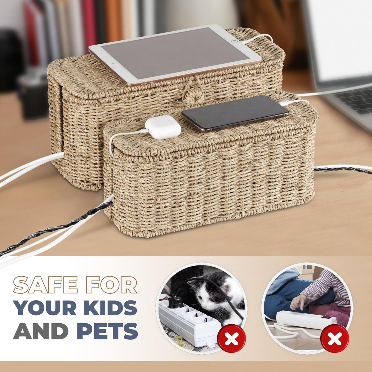 2-Pack Large Cable Management Box, Natural Rattan Cable Cord Organizer Boxes for Power Strip – 2 Open Slots Cords Hider Box for TV Wires, Computer, Router, USB Hub and Under Desk Power Strip