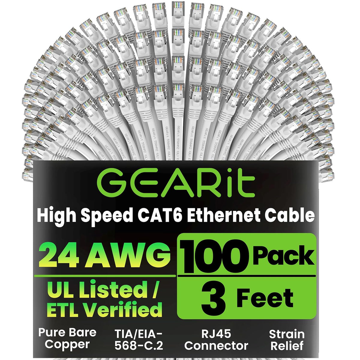 GEARit Cat 6 Ethernet Cable (100-Pack 3 Feet) Cat6 Network Patch, 10Gbps, RJ45, Snagless Cord, Gold-Plated Connectors, Internet for PC, TV, Tablet, Router, Printer, Servers, IT Data Center - White
