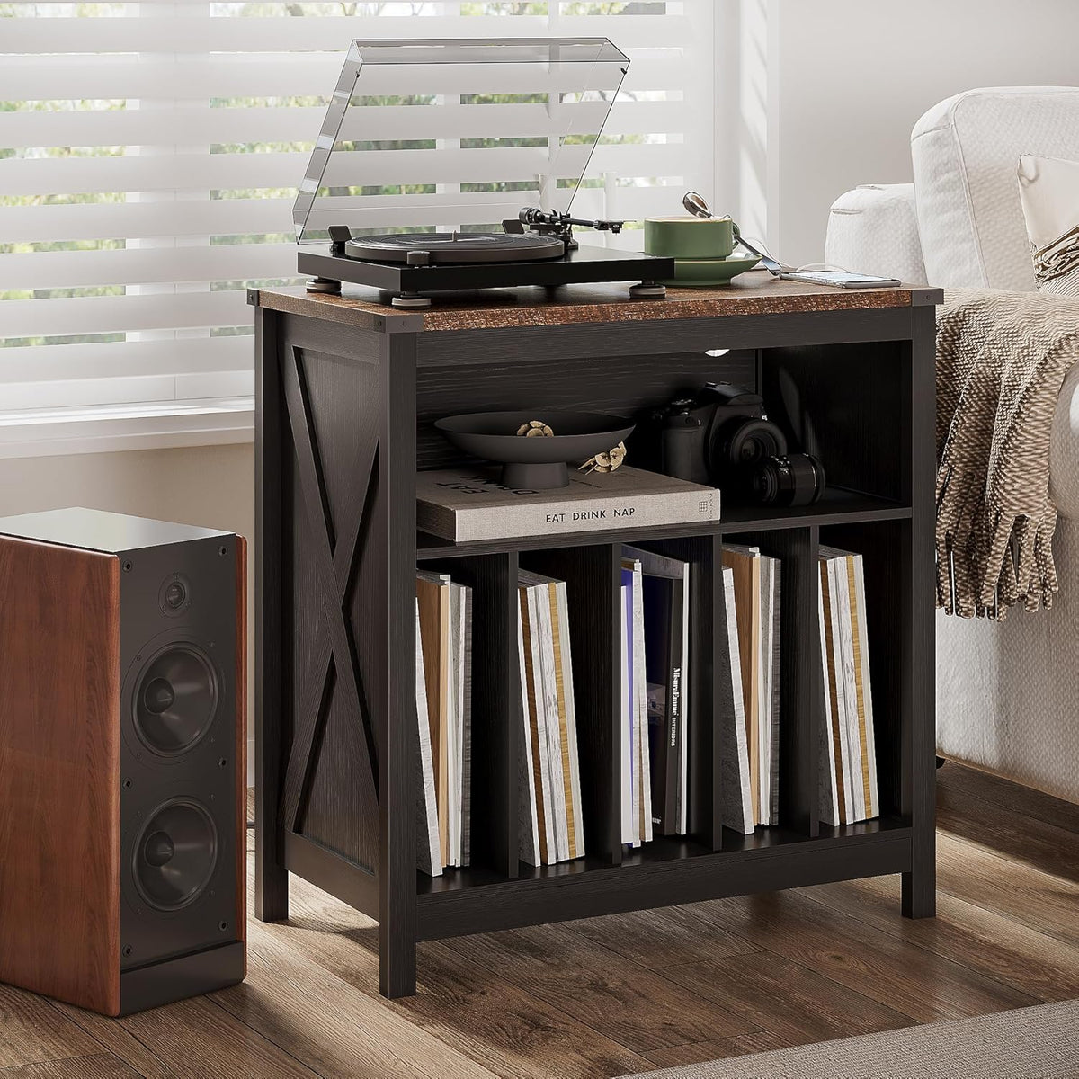 ChooChoo Large Record Player Stand with Charging Station & LED Light, Vinyl Record Holder hold up to 300 Albums, Farmhouse End Table for Bedroom, Living Room, Black