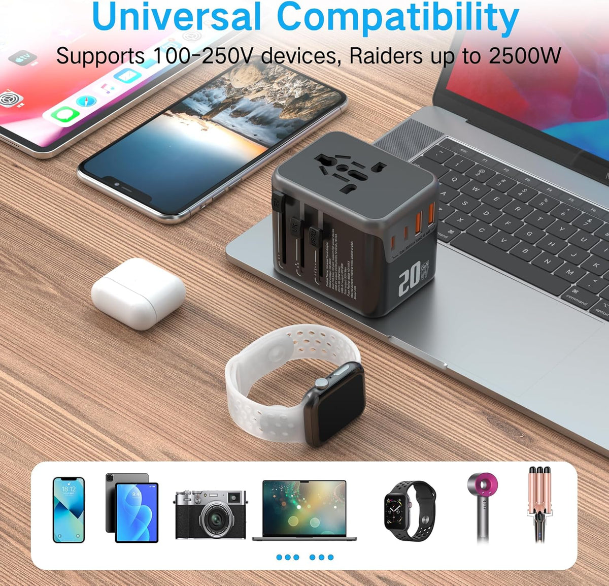 Universal Travel Adapter,adaptador de enchufe de pared internacional de CA de 20 W,cargador de viaje de 2 puertos USB C y 2 puertos USB para EE.UU.UE Reino Unido y Australia