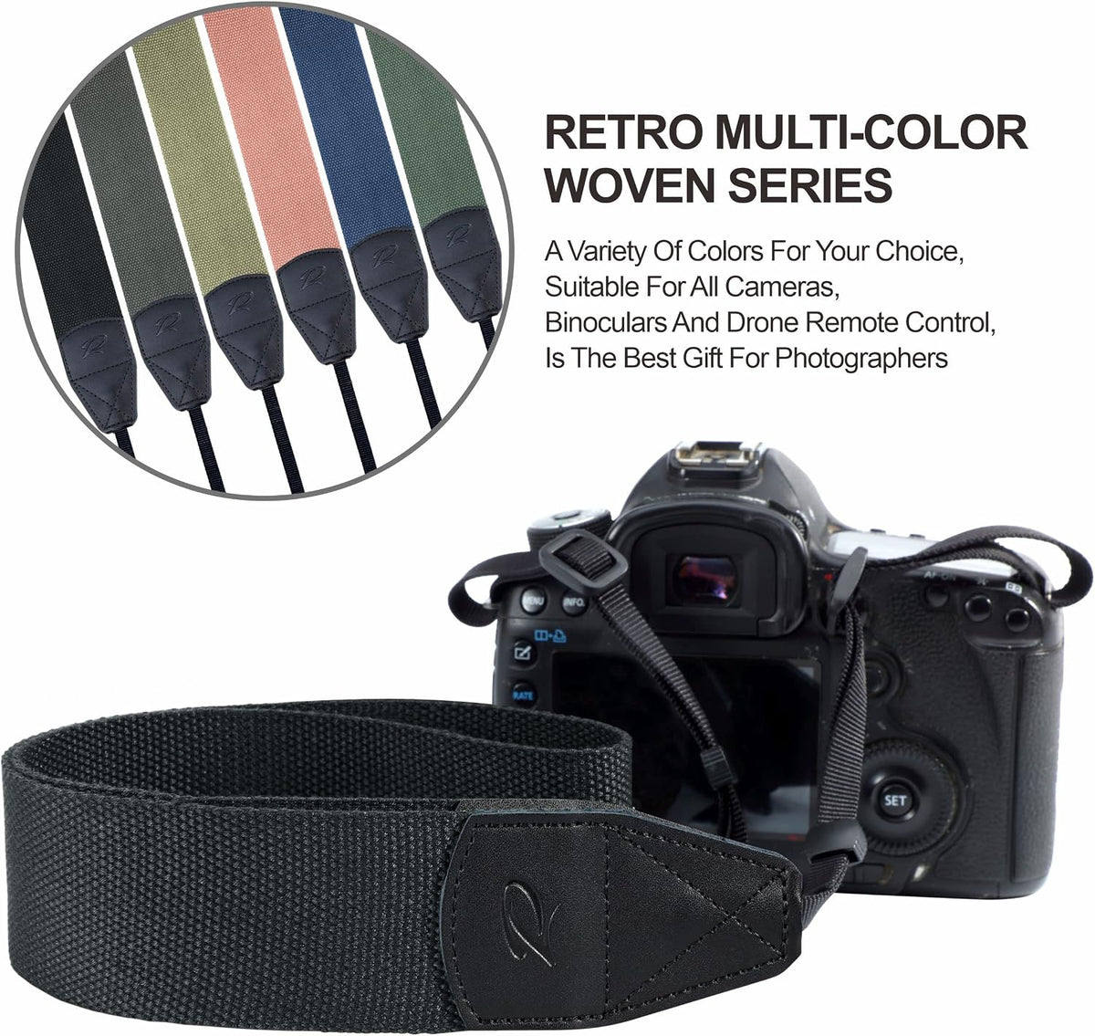 2" 2 Padwa Lifestyle Black Camera Strap - Wide Cotton Woven Genuine Leather Head Camera Straps,Complimentary Pcs Quick