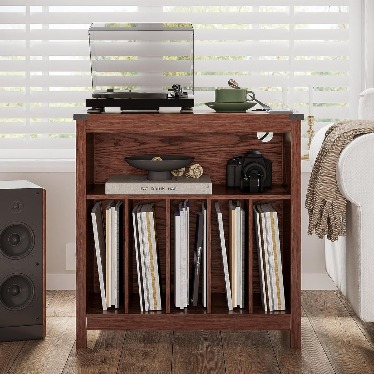 ChooChoo Large Record Player Stand with Charging Station & LED Light, Vinyl Record Holder hold up to 300 Albums, Farmhouse End Table for Bedroom, Living Room, Walnut