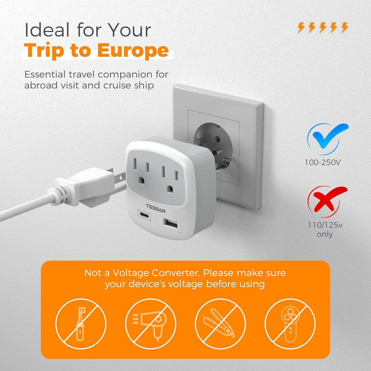 European Travel Plug Adapter, TESSAN Type C Adaptor with 2 Electrical Outlets 2 USB Ports (1 USB C), EU Power Adapter for US to Europe International Iceland Spain Italy France Germany Greece