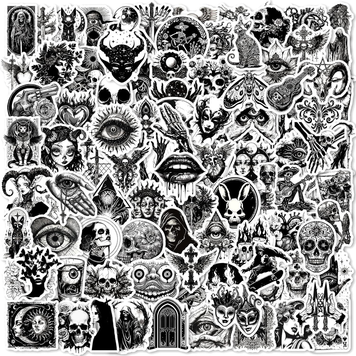 100PCS Waterproof Cool Gothic Stickers, Black and White Punk Vinyl Decals for Water Bottle, Phone Case, Laptop, Horror