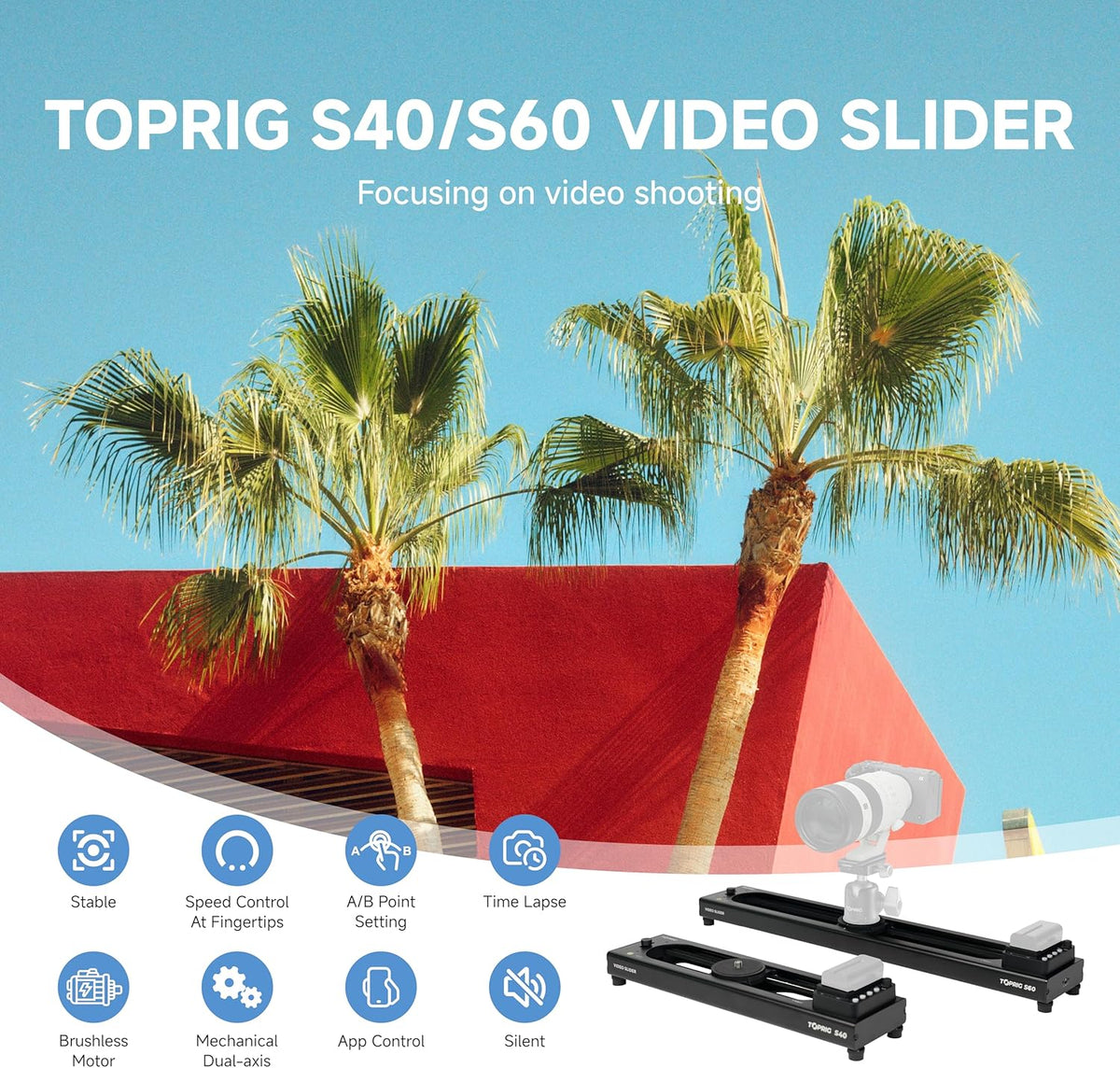 Accsoon Toprig 24inch/60cm Motorized Camera Slider, Bluetooth Video Slider with Button/APP Control, Time-Lapse/Loop Mode, Speed Knob, 120° Panoramic Shooting, Compatible with GoPro, Camera, DSLR