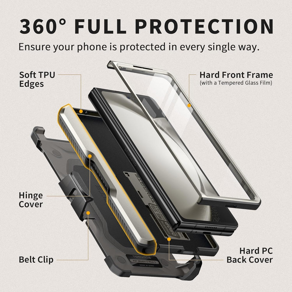 TONGATE for Z Fold 5 Case, [with S Pen Slot & Hinge Protection] [Tempered Glass Screen Protector] Full-Body Military Drop Phone Case for Samsung Galaxy Z Fold 5 with Kickstand & Belt Clip, Tigray