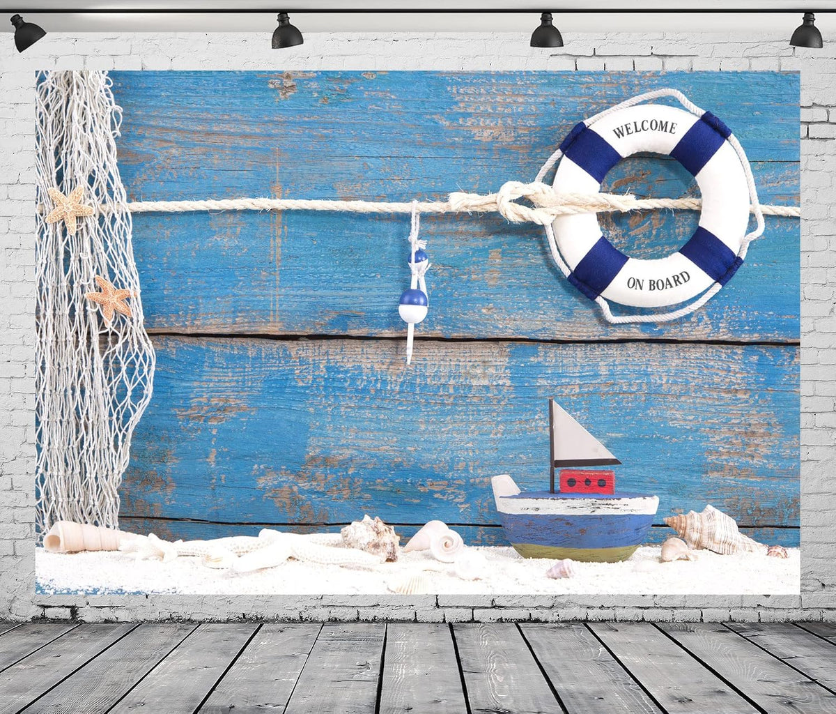 BELECO 5x3ft Fabric Nautical Backdrop Life Buoy and Toy Boat Shells on Blue Wooden Background Phtography Backdrop